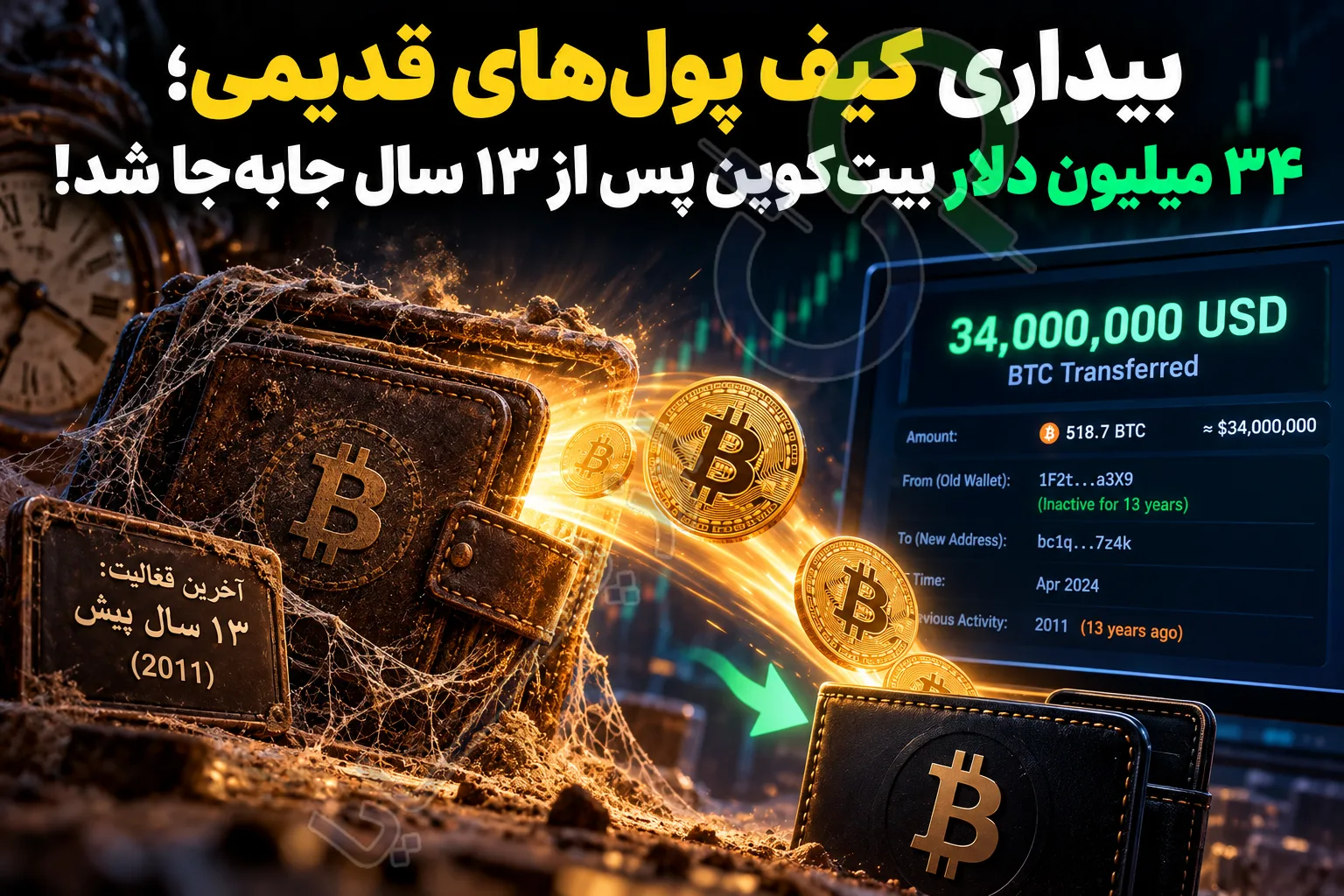 بیداری کیف پول‌های قدیمی؛ ۳۴ میلیون دلار بیت‌کوین پس از ۱۳ سال جابه‌جا شد